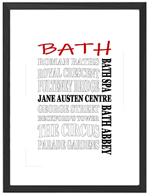 Framed Bath word art print featuring the Roman Baths, Pulteney Bridge and Royal Crescent