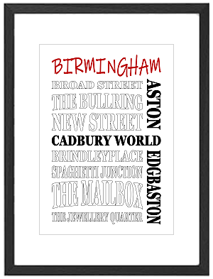Framed Birmingham word art print featuring Birmingham Library, Bullring, and canals