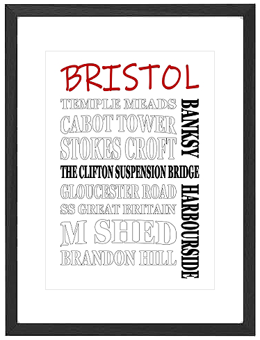 Framed Bristol word art print featuring Clifton Suspension Bridge and other landmarks