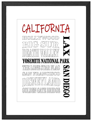 Framed California word art print featuring Los Angeles, San Francisco, and Yosemite National Park