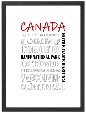 Framed Canada word art print featuring Canadian cities, provinces, and landmarks