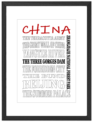 Framed China word art print featuring Chinese cities, landmarks, and cultural symbols