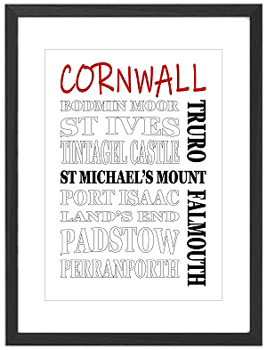 Framed Cornwall word art print featuring St Ives, Tintagel, and Land's End