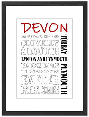 Framed Devon word art print featuring Dartmoor, Exeter Cathedral, and Torquay seafront