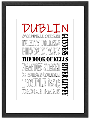Framed Dublin word art print featuring Ha'penny Bridge, Temple Bar, and Dublin Castle