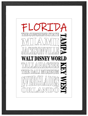 Framed Florida word art print featuring Miami, Orlando, and Key West landmarks