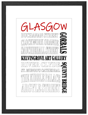 Framed Glasgow word art print featuring the Clyde Arc, Kelvingrove Museum and George Square