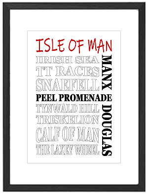 Framed Isle of Man word art print featuring Douglas, the Laxey Wheel, and the TT course landmarks