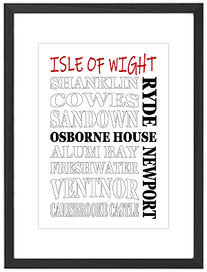 Framed Isle of Wight word art print featuring The Needles, Cowes, Sandown and Shanklin landmarks