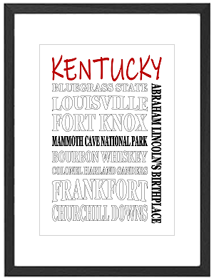 Framed Kentucky word art print featuring Louisville, Lexington, Bourbon Trail and Kentucky Derby themes