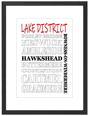 Framed Lake District word art print featuring Windermere, Keswick, and Scafell Pike
