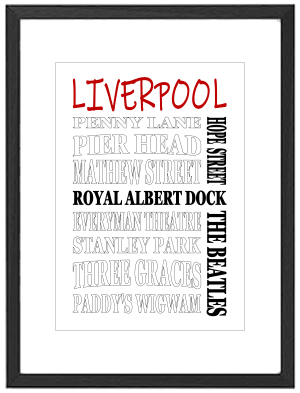 Framed Liverpool word art print featuring the Liver Building, Albert Dock, and The Beatles