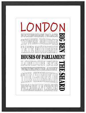 Framed London word art print featuring Big Ben, Tower Bridge, London Eye, and Buckingham Palace
