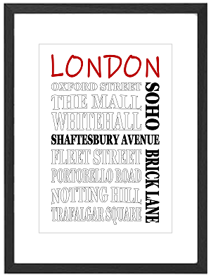 Framed London word art print featuring Camden, Shoreditch, Notting Hill, and Soho