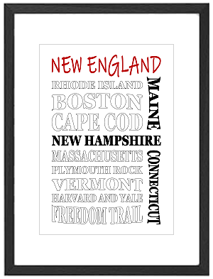 Framed New England word art print featuring cities, states, and landmarks of the region