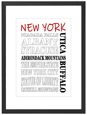 Framed New York word art print featuring New York City, Albany, and Niagara Falls landmarks