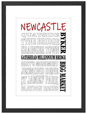 Framed Newcastle word art print featuring Tyne Bridge and Quayside landmarks