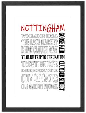 Framed Nottingham word art print featuring Nottingham Castle, Robin Hood, and Old Market Square