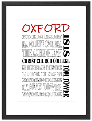Framed Oxford University word art print featuring colleges and landmarks such as the Radcliffe Camera and Christ Church College
