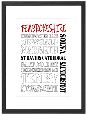 Framed Pembrokeshire word art print featuring St Davids Cathedral, Tenby Harbour, and Pembrokeshire Coast National Park