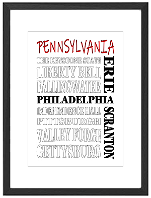 Framed Pennsylvania word art print featuring Philadelphia, Pittsburgh, and the Appalachian Mountains
