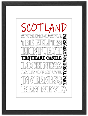 Framed Scotland word art print featuring Scottish cities, landscapes, and landmarks