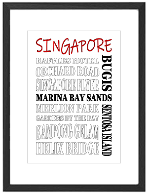 Framed Singapore word art print featuring Marina Bay Sands, Gardens by the Bay, and Merlion landmarks