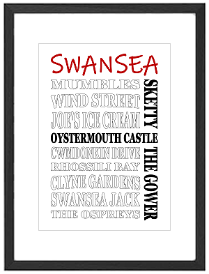 Framed Swansea word art print featuring Swansea Bay, Mumbles Pier and city landmarks