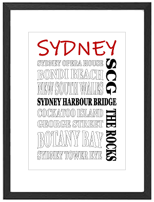 Framed Sydney word art print featuring Sydney Opera House, Harbour Bridge, and Bondi Beach