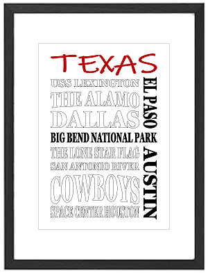 Framed Texas word art print featuring Dallas, Austin, and Houston