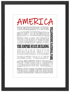Framed USA word art print featuring cities, states, and landmarks of the United States
