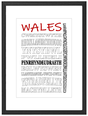 Framed Wales hard to pronounce place names word art print featuring famous Welsh town names like Llanfairpwll and Betws-y-Coed