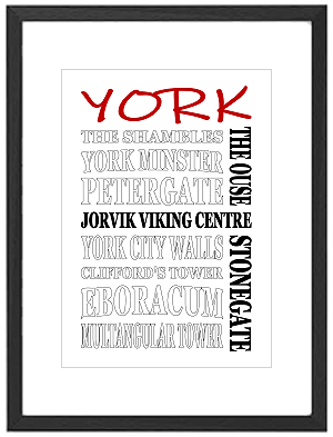 Framed York word art print featuring York Minster, The Shambles and city walls