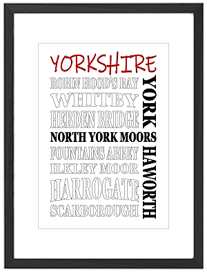 Framed Yorkshire word art print featuring York Minster, Whitby Abbey and Yorkshire Dales landmarks