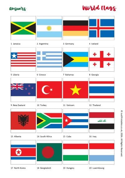 Picture Quiz World Flags Answer Sheet Preview